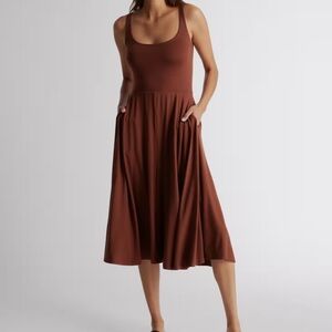 Quince Brown Tencel Jersey Fit & Flare Dress Sleeveless Midi Stretch *POCKETS*